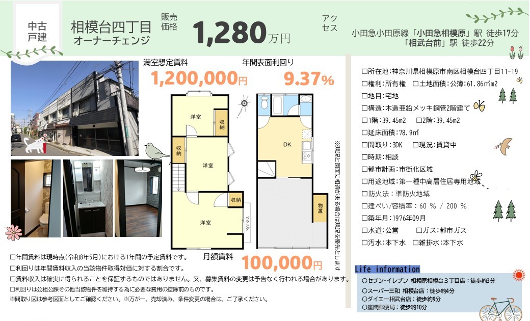 お預かり物件(専任媒介)｜相模原市南区相模台４丁目中古戸建 連棟式（角）｜オーナーチェンジ｜ 2024年内外装リフォーム履歴有・コンディション良好｜不動産相続の相談窓口｜株式会社マトリックストラスト｜2026.5.14